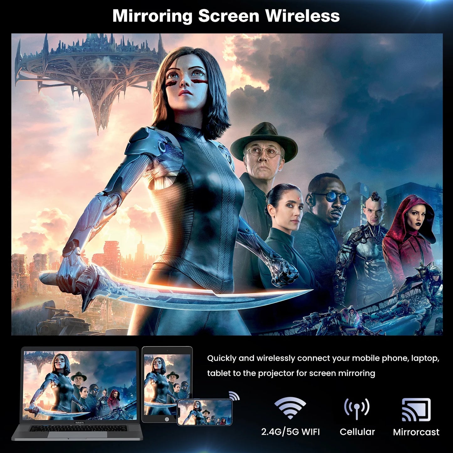4K Support Portable Projector with Wifi and Bluetooth Mini Projector with Speaker FHD Native 1080P Projectors for Outdoor Movies Home Theater