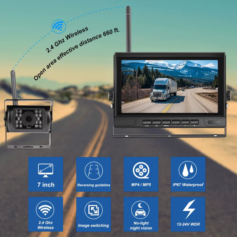 7 Inch Car Monitor Wireless Truck Backup Rear View Display and Wifi Reverse Backup Camera for Car RV Bus TV Display Screen