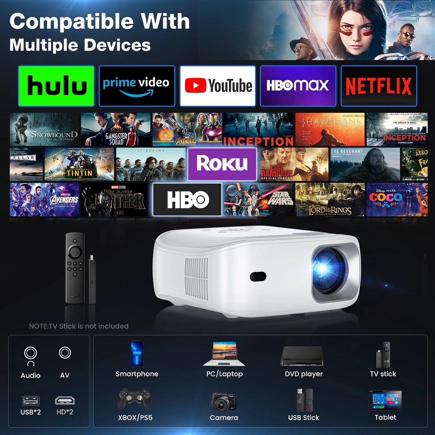 4K Support Portable Projector with Wifi and Bluetooth Mini Projector with Speaker FHD Native 1080P Projectors for Outdoor Movies Home Theater