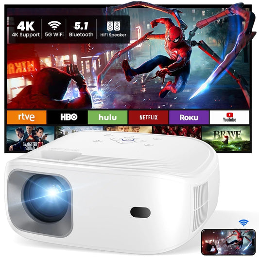 4K Support Portable Projector with Wifi and Bluetooth Mini Projector with Speaker FHD Native 1080P Projectors for Outdoor Movies Home Theater