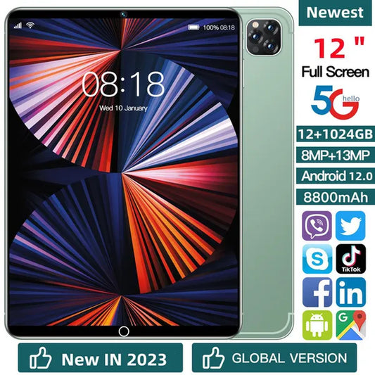 2023 Newest Upgrade Best Tablet 12 Inch Ten Core 5G/2.4G Dual Wifi PC Tablet Android 12.0 Arge 2560*1600 IPS Screen Dual SIM Dual Camera Rear 13.0 MP IPS Tablet Call Phone Tablet (RAM 12GB+ROM 1024GB) Tablet-Pc Tablette
